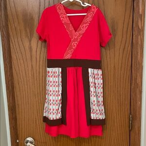 GIRLS Size 8 Red and Brown Short Sleeve Dress Asian Inspired